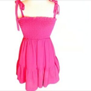 New Hot Pink Dress Ruffle Adjustable Tie Straps Smocked Barbie Flowy Small